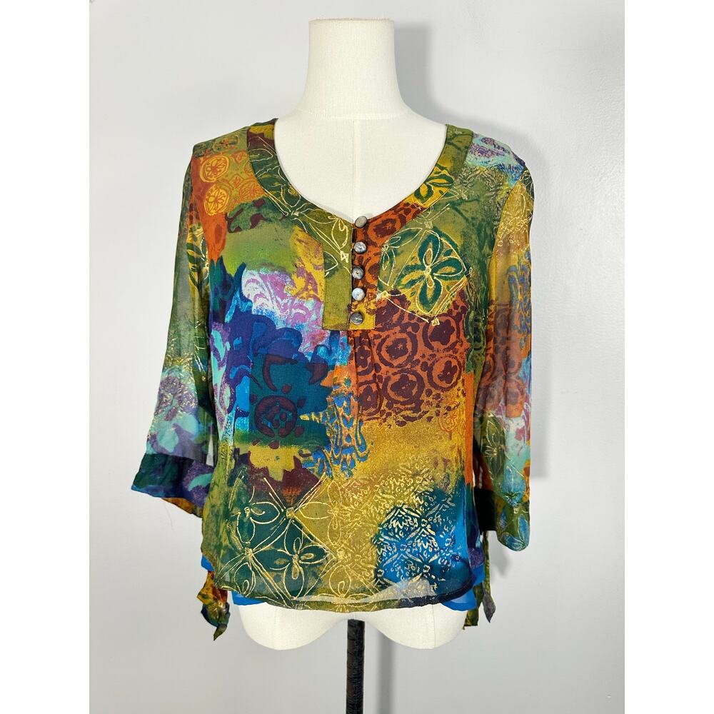 Coldwater Creek 100 Silk Abstract Floral Patchwork Boho Blouse Artsy Festival PM